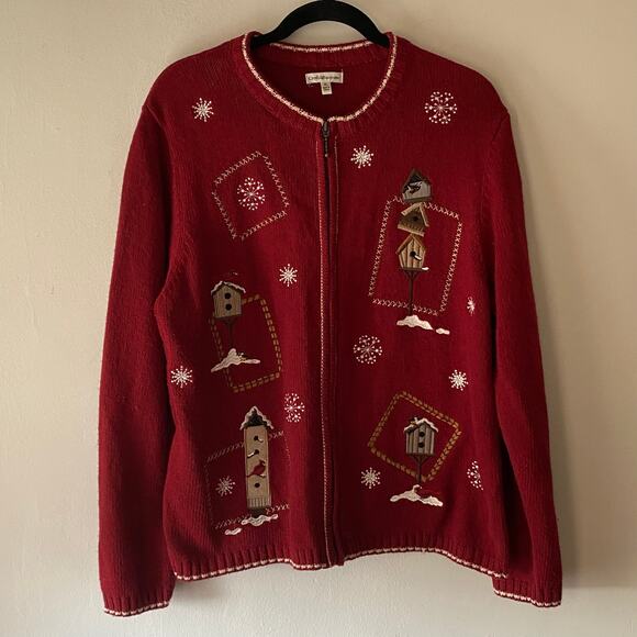 Y2K Grandma Full‎ Zip Knit Cardigan Sweater SZ XL Embroidered Birdhouse Cottage - Picture 1 of 10